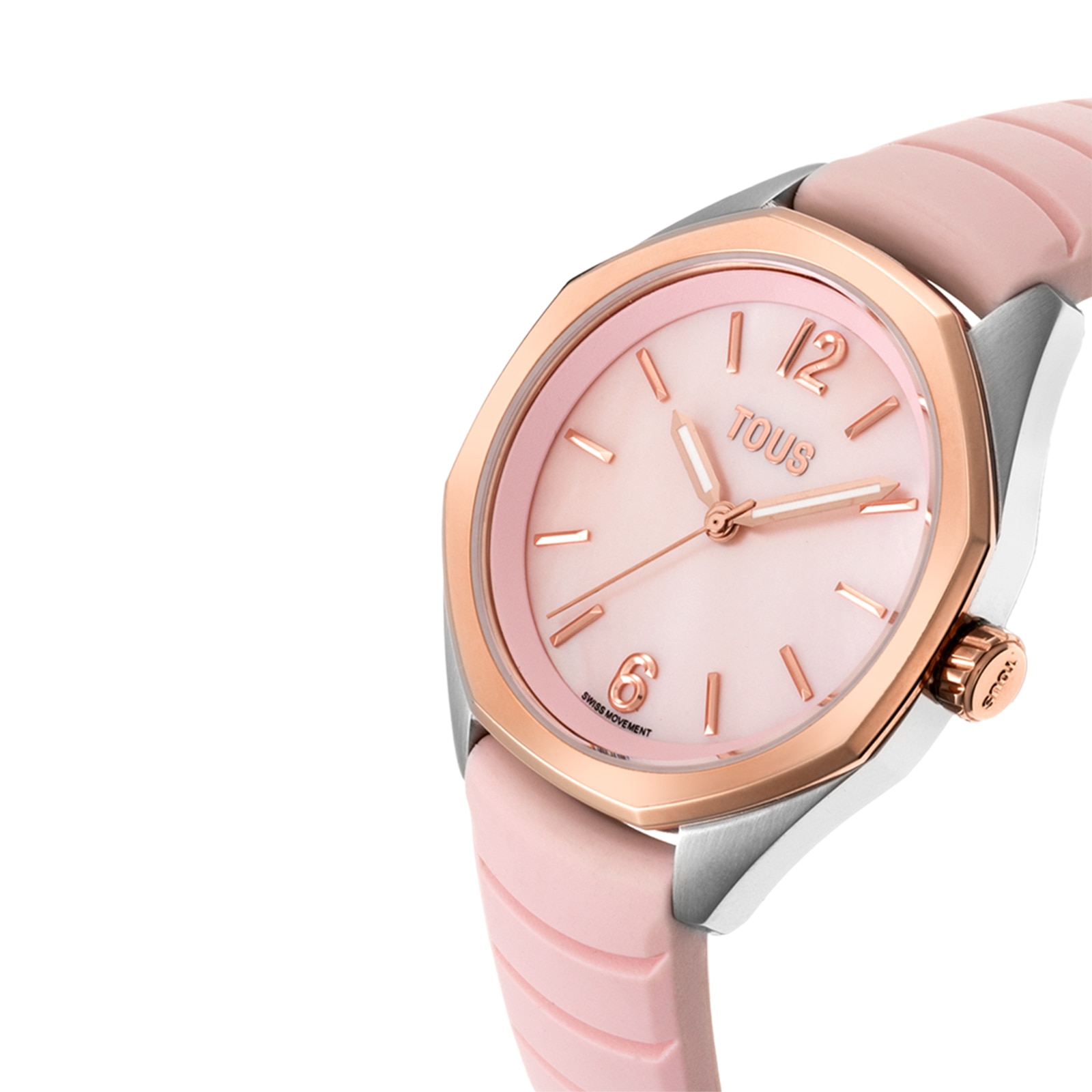 Reloj bicolor analógico con movimiento suizo, esfera de nácar y correa de caucho rosa TOUS Now Lady