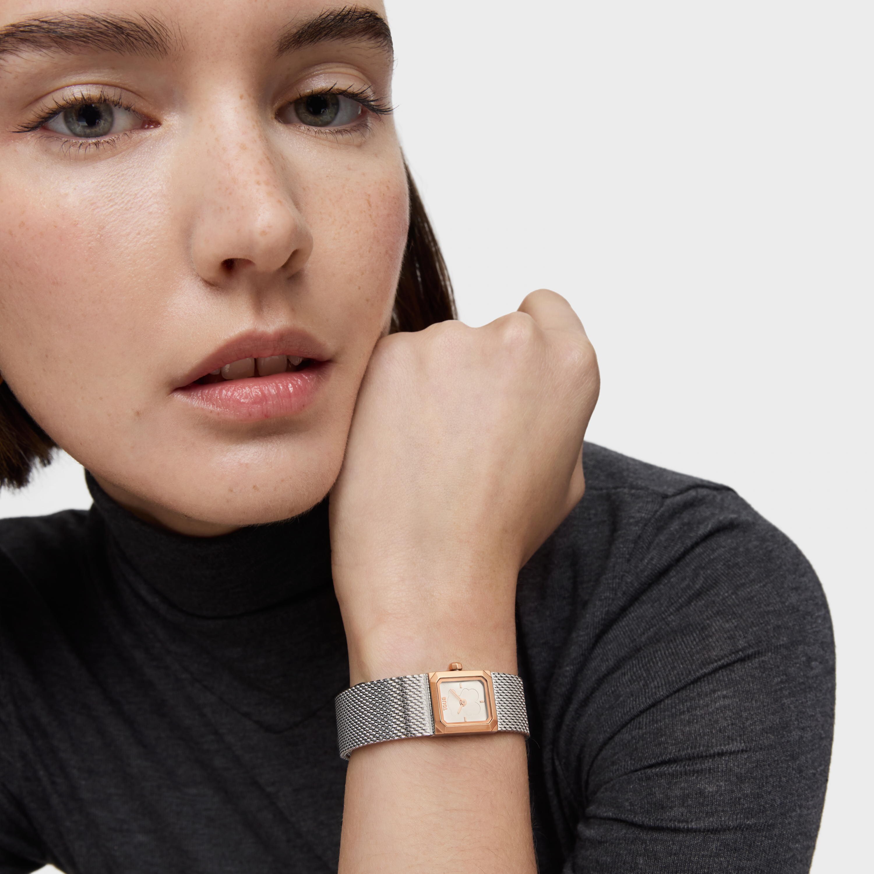 Analog Watch with steel Milanese mesh bracelet and rose-colored steel Mini Mesh