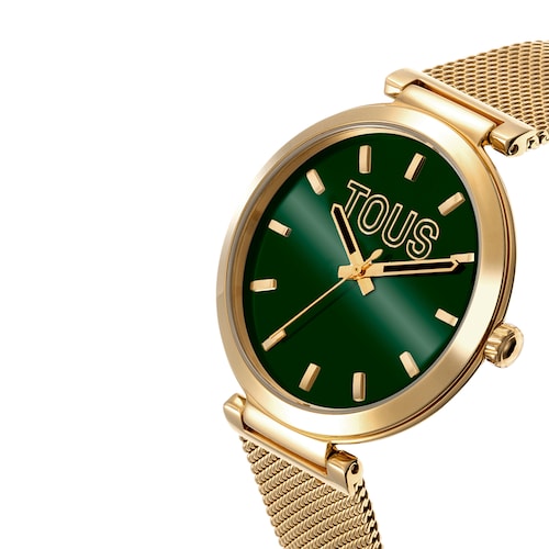 Analog Watch with green-colored face and gold-colored bracelet S-Mesh Mirror