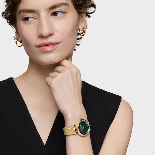 Analog Watch with green-colored face and gold-colored bracelet S-Mesh Mirror