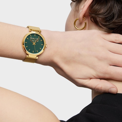 Analog Watch with green-colored face and gold-colored bracelet S-Mesh Mirror