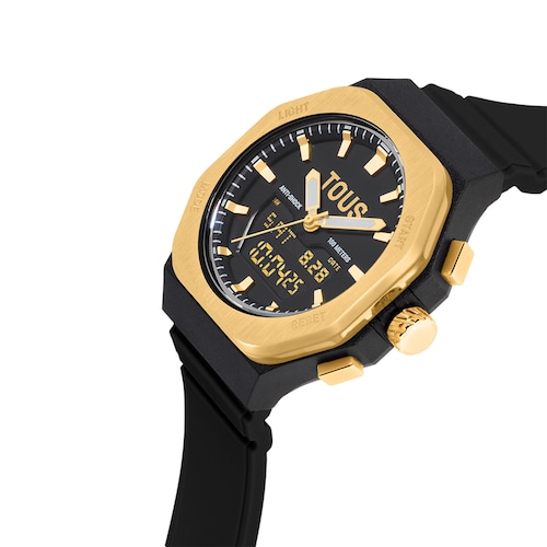 Reloj analógico/digital de acero dorado y brazalete de nylon negro Bet