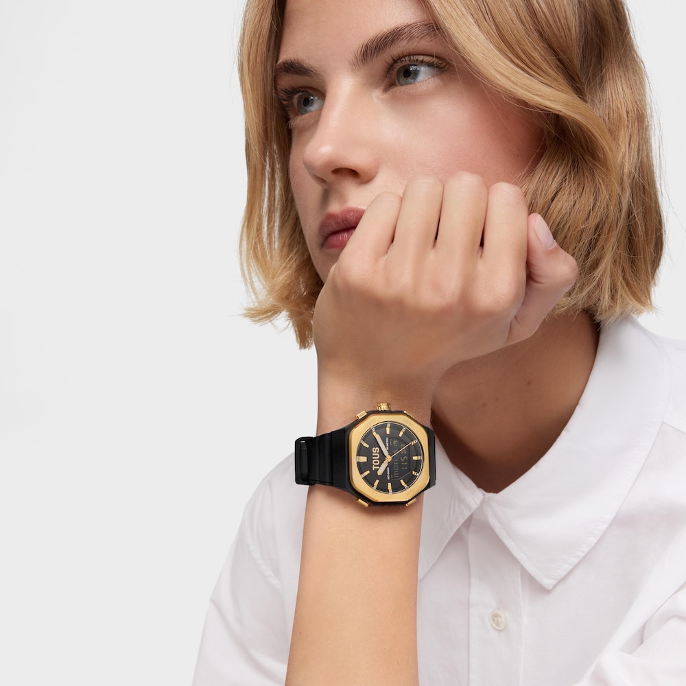 Reloj anal&oacute;gico/digital de acero dorado y brazalete de nylon negro Bet