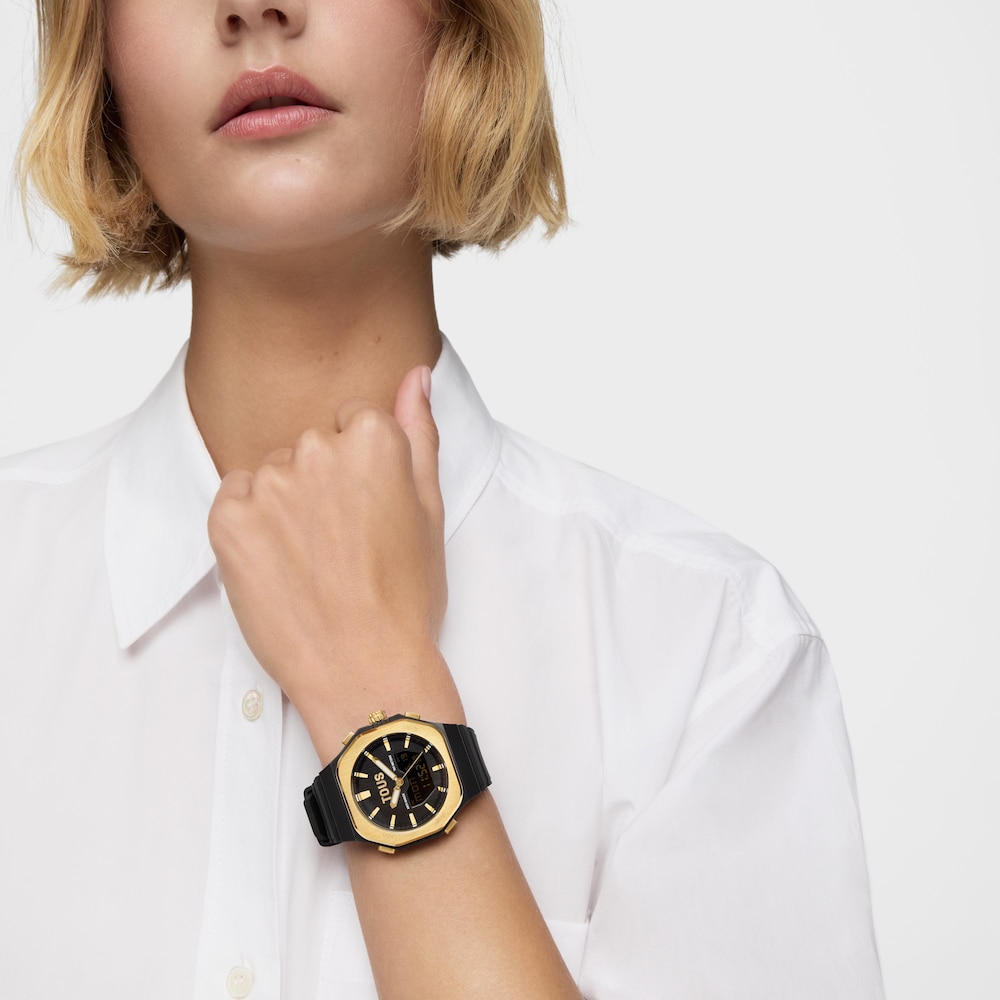Reloj anal&oacute;gico/digital de acero dorado y brazalete de nylon negro Bet