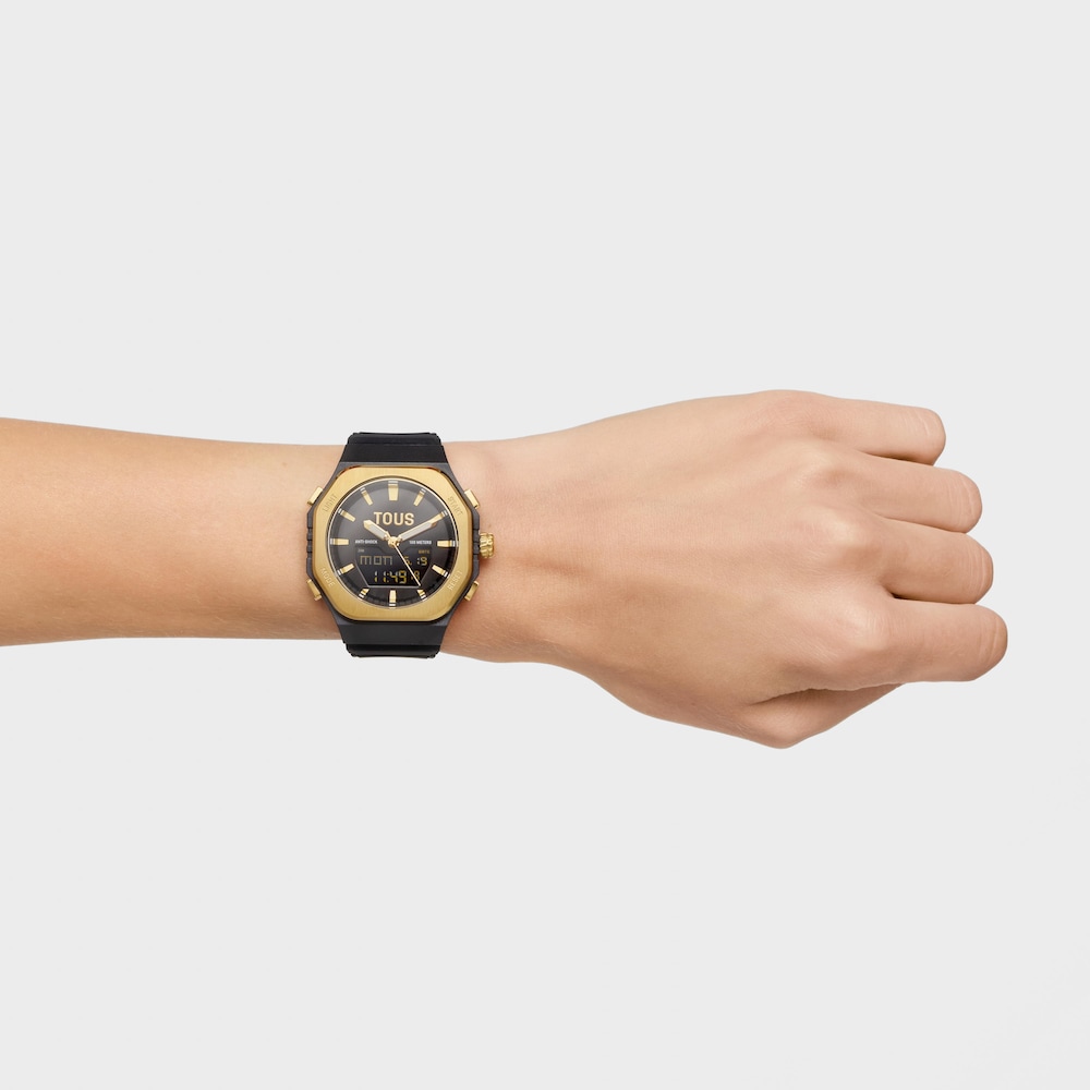 Reloj anal&oacute;gico/digital de acero dorado y brazalete de nylon negro Bet