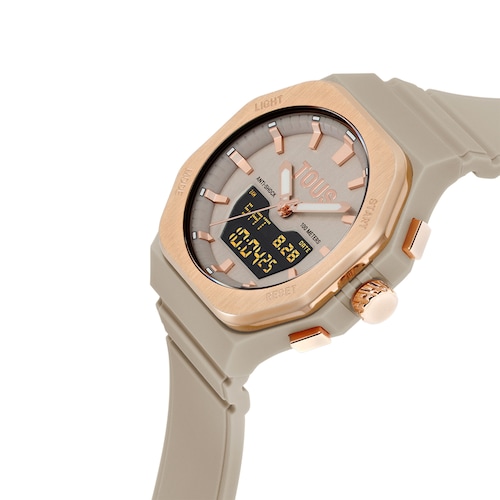 Reloj analógico/digital de acero rosado y brazalete de nylon topo Bet