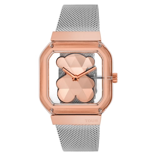 Reloj analógico con brazalete de acero y acero rosado D-Bear Party