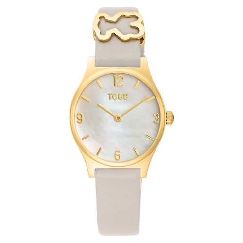 Analogov&eacute; hodinky s b&iacute;l&yacute;m kožen&yacute;m n&aacute;ramkem s cifern&iacute;kem ze zlat&eacute; oceli a perleti Epic Icon