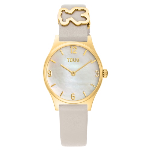 Reloj analógico con brazalete de piel blanca, acero dorado y esfera de nácar Epic Icon