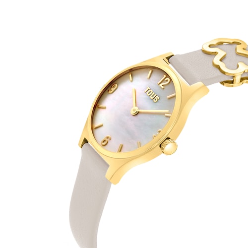 Reloj analógico con brazalete de piel blanca, acero dorado y esfera de nácar Epic Icon