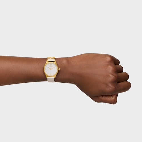 Reloj analógico con brazalete de piel blanca, acero dorado y esfera de nácar Epic Icon