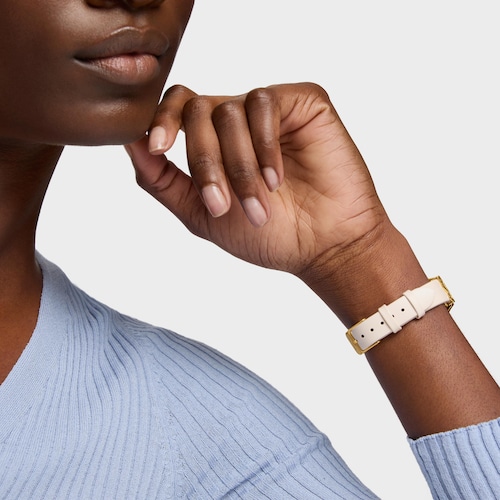 Reloj analógico con brazalete de piel blanca, acero dorado y esfera de nácar Epic Icon