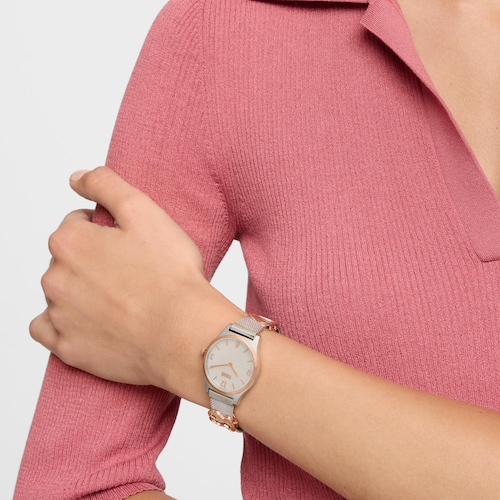 Reloj analógico/digital con brazalete de acero, acero rosado y esfera de nácar Epic Icon Mesh