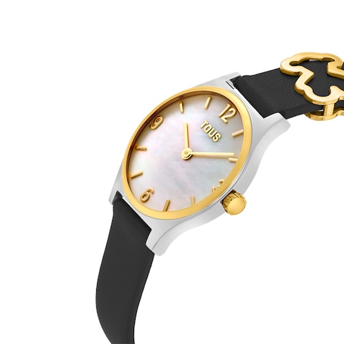 Reloj analógico con brazalete de piel negra, acero dorado y esfera de nácar Epic Icon