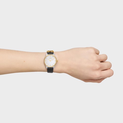 Reloj analógico con brazalete de piel negra, acero dorado y esfera de nácar Epic Icon