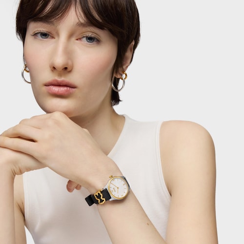 Reloj analógico con brazalete de piel negra, acero dorado y esfera de nácar Epic Icon