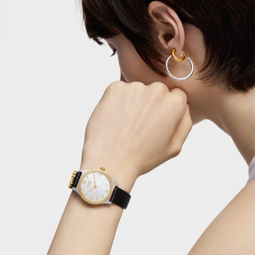 Reloj analógico con brazalete de piel negra, acero dorado y esfera de nácar Epic Icon