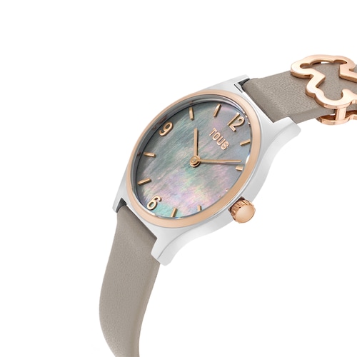 Reloj analógico con brazalete de piel gris, acero rosado y esfera de nácar Epic Icon