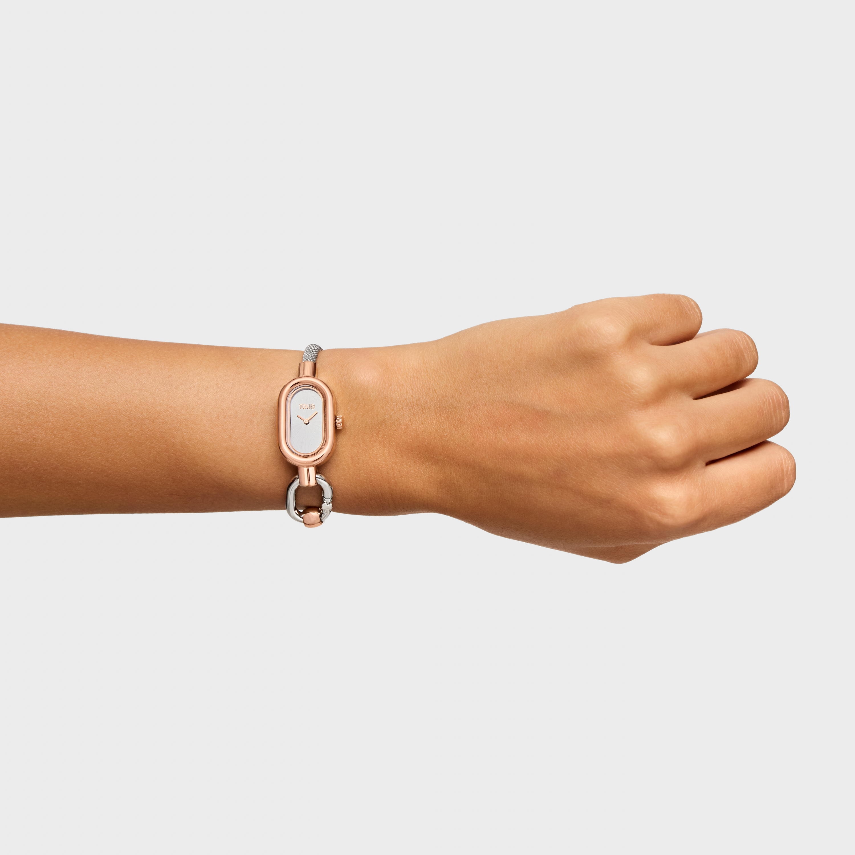 Analog/digital watch with steel and rose-colored steel bracelet