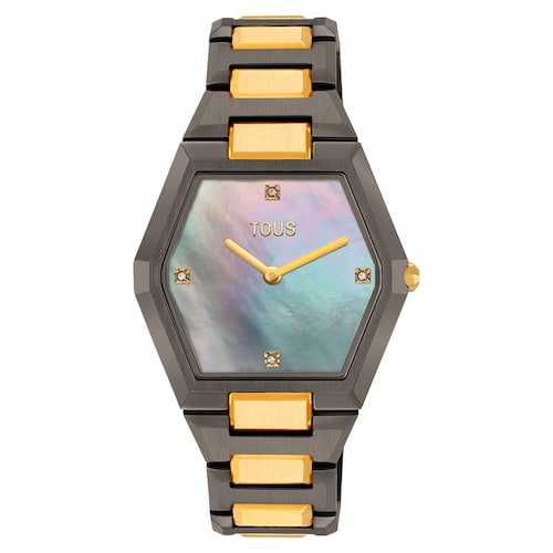 Analog watch with black and gold-colored steel bracelet and gray mother-of-pearl face Karat