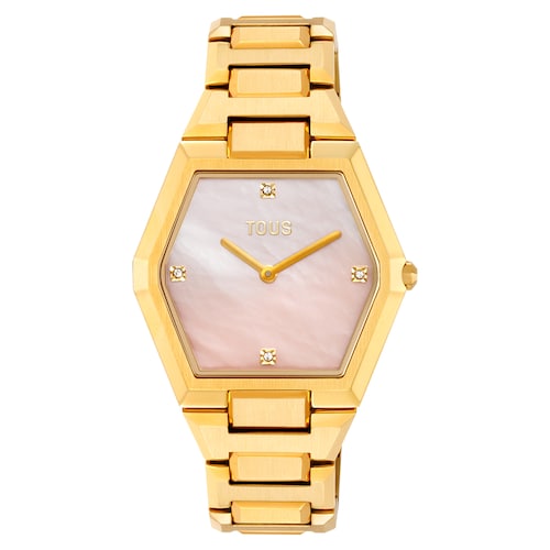 Reloj analógico con brazalete de acero dorado y esfera de nácar rosa Karat