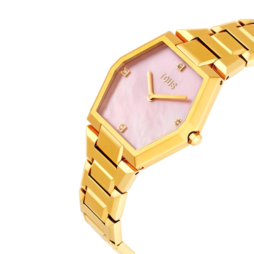 Reloj analógico con brazalete de acero dorado y esfera de nácar rosa Karat