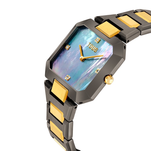 Reloj analógico con brazalete de acero negro, dorado y esfera de nácar gris Karat
