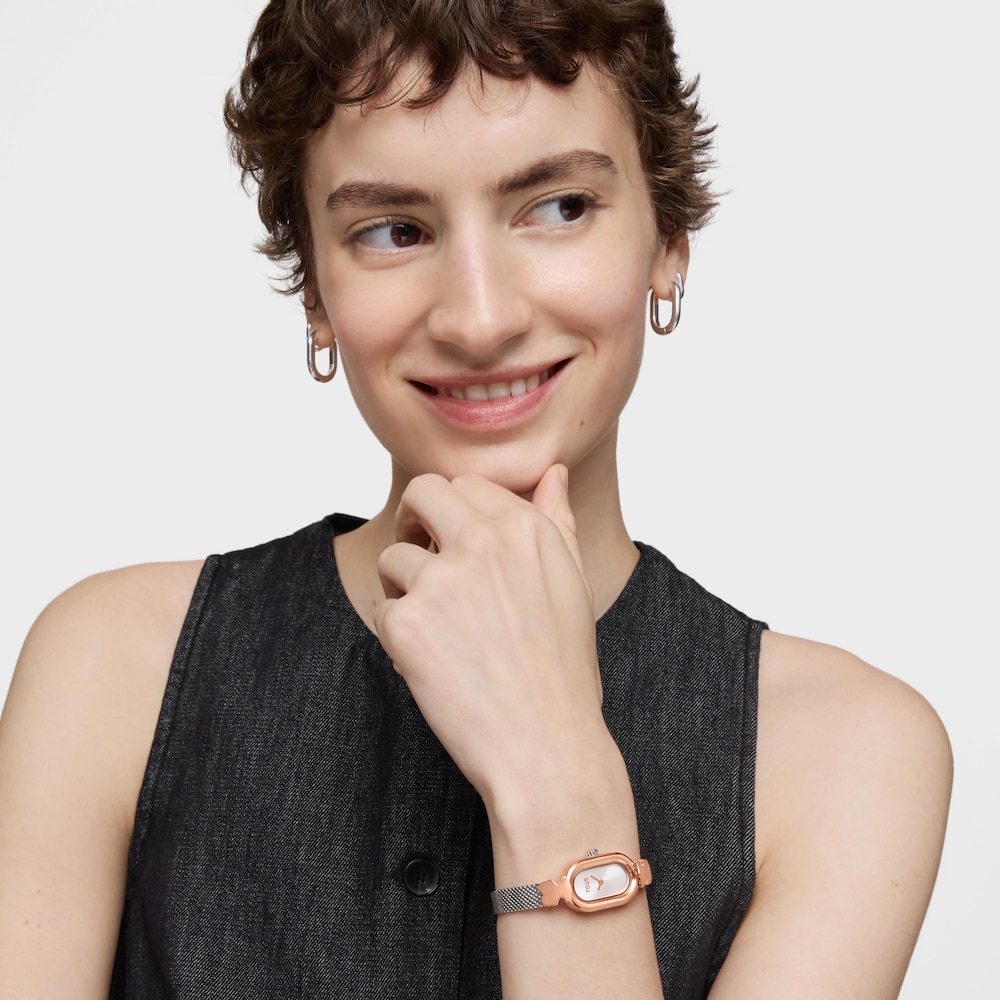 Jeweled Analog watch with steel and rose-colored steel bracelet Oval Icon