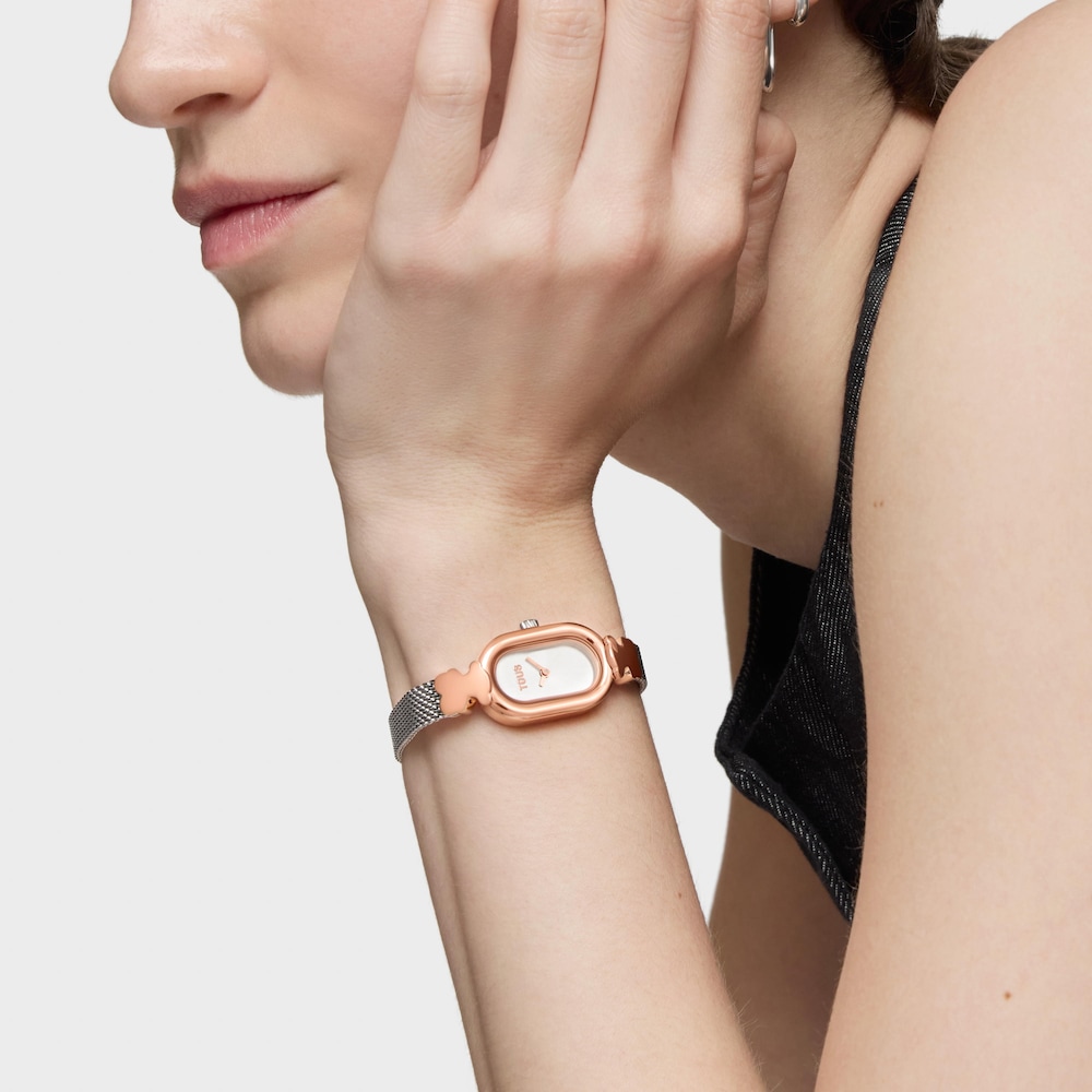 Jeweled Analog watch with steel and rose-colored steel bracelet Oval Icon