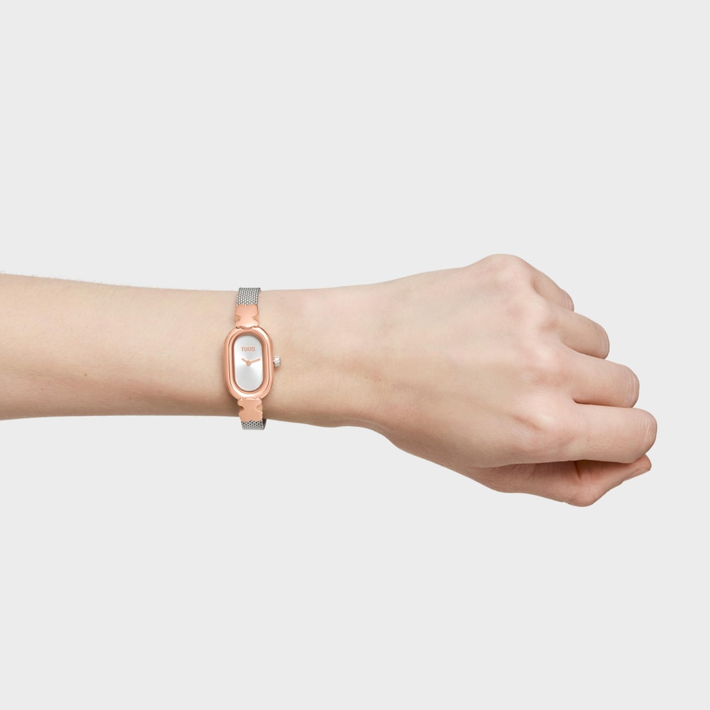 Jeweled Analog watch with steel and rose-colored steel bracelet Oval Icon