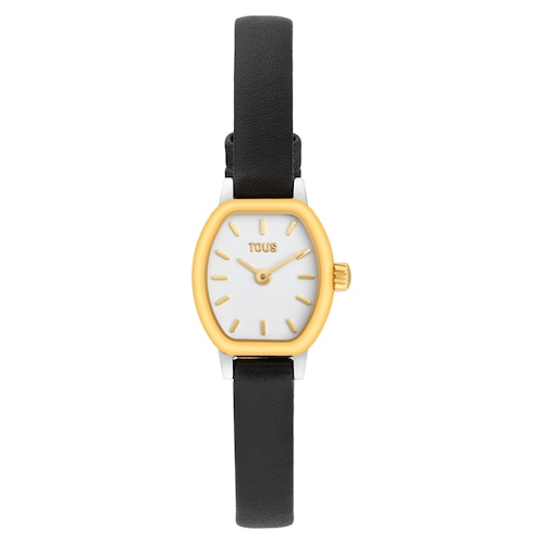 Reloj oval con movimiento suizo analógico de acero, oro 14 kt y brazalete de piel Les Classiques Mini