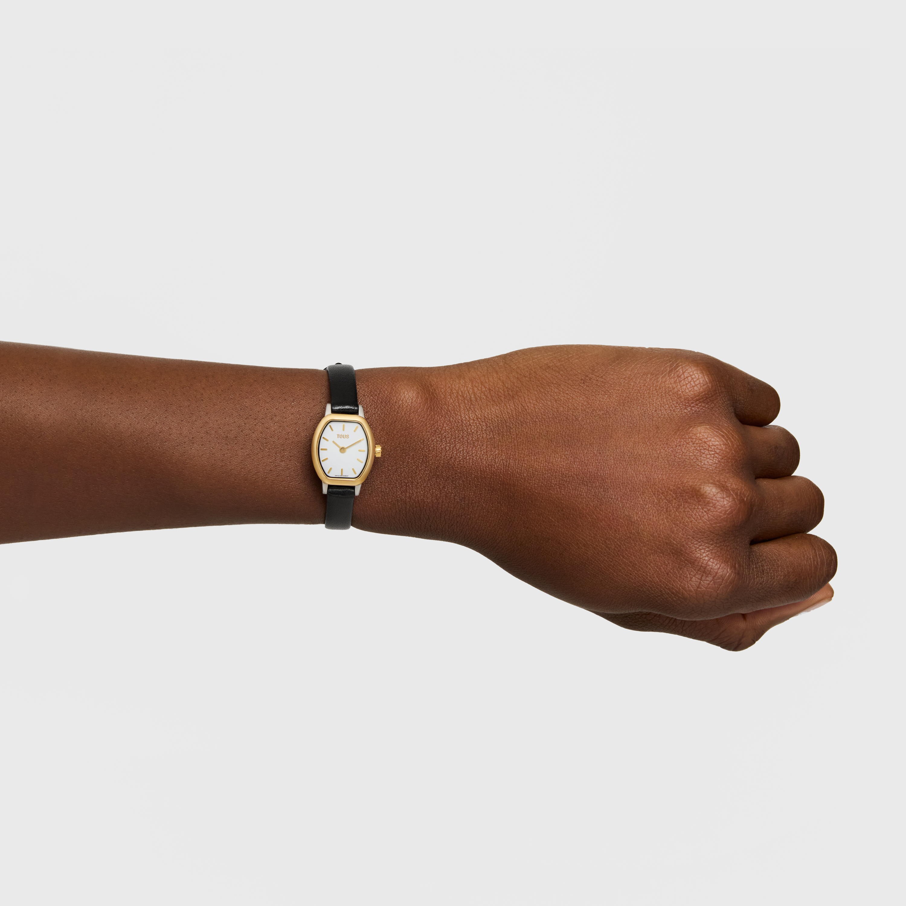 Oval watch with Swiss analog movement made of steel, 14 kt gold, and a leather strap Les Classiques Mini