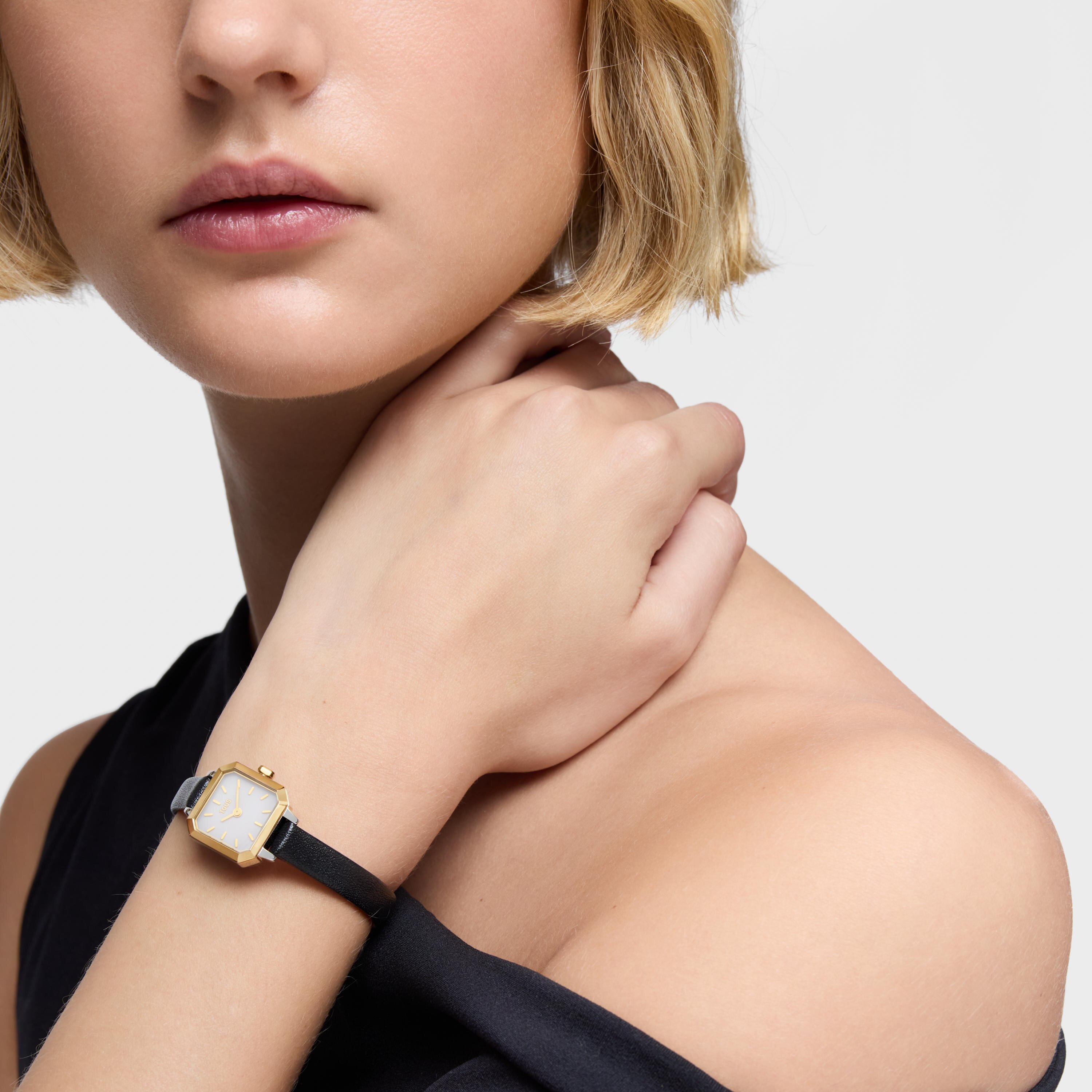 Watch with Swiss analog movement made of steel, 14 kt gold, and leather strap Les Classiques Mini