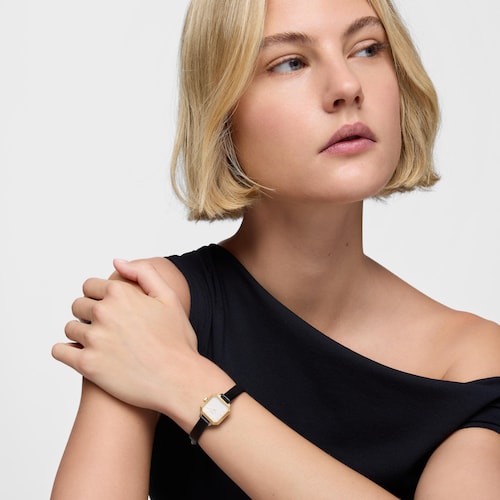 Reloj con movimiento suizo analógico de acero, oro 14 kt y brazalete de piel Les Classiques Mini