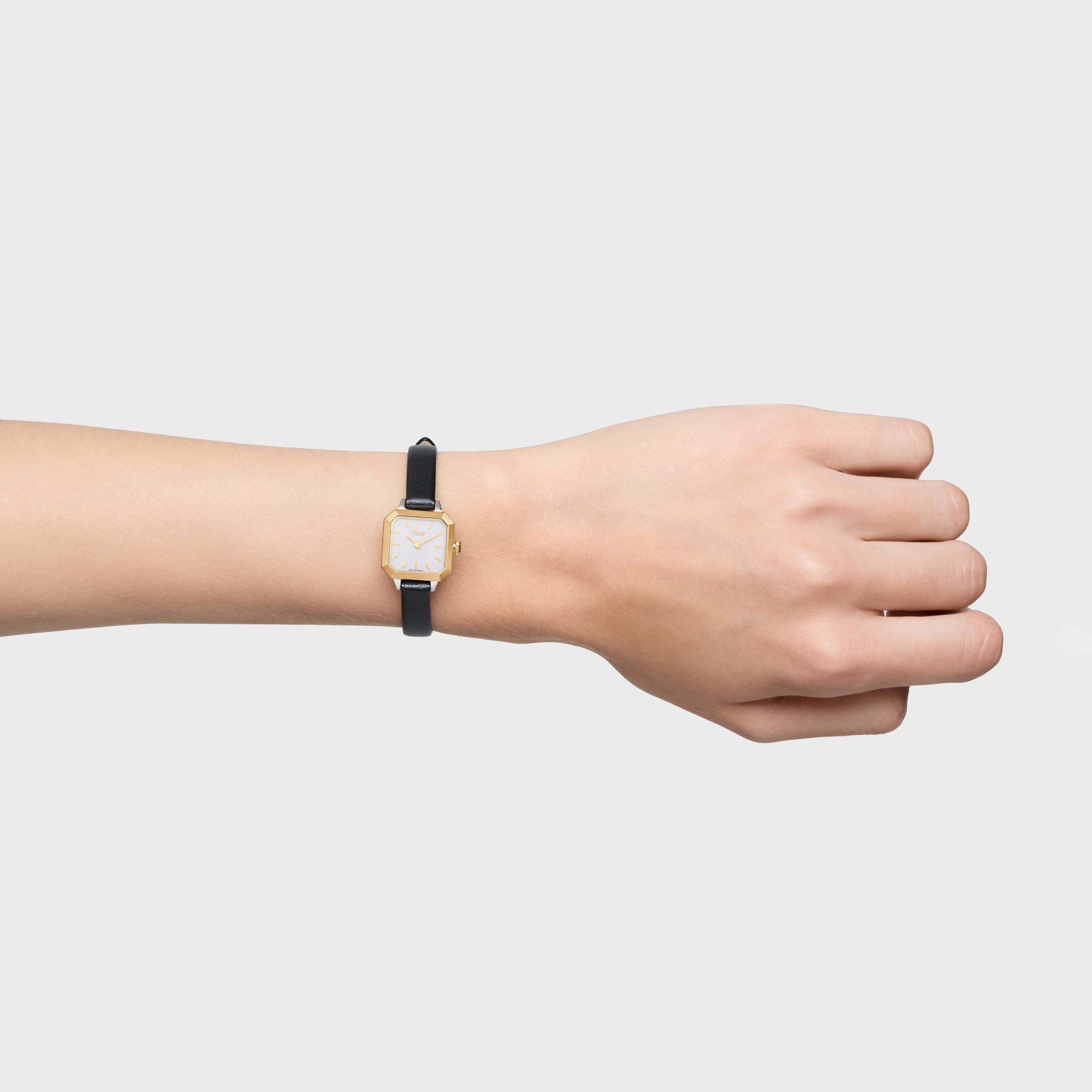 Watch with Swiss analog movement made of steel, 14 kt gold, and leather strap Les Classiques Mini