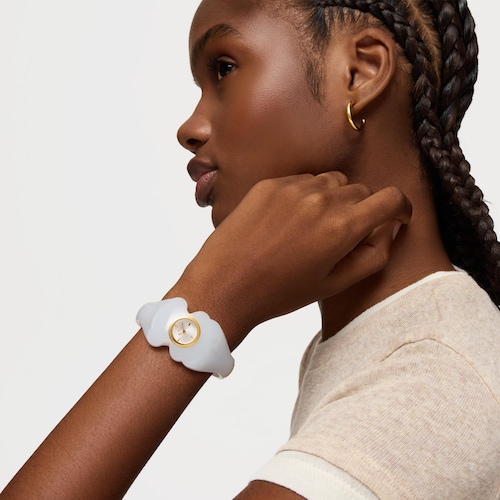 Reloj analógico de acero dorado y policarbonato blanco T. L Bear Folks