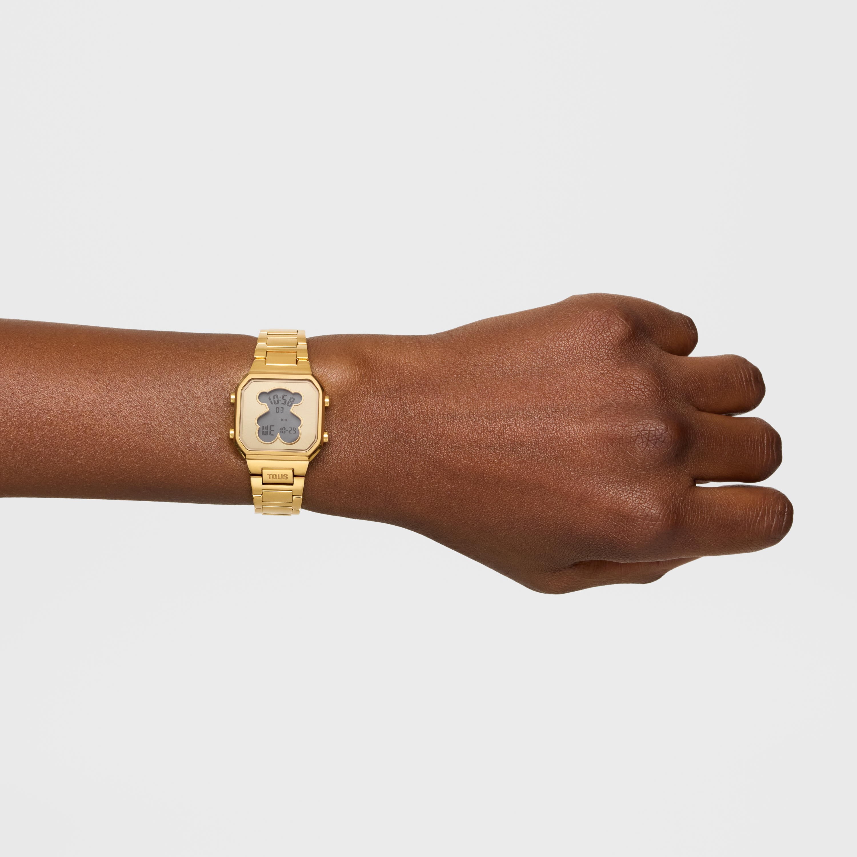 TOUSゴールド スクエアフェイス ベアベルトウォッチ TOUS D-BEAR MINI digital Watch with gold-colored stainless steel