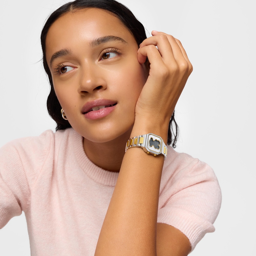 Wyposażony w bransoletę ze stali nierdzewnej i elementami ze złotej stali Zegarek cyfrowy TOUS D-BEAR MINI