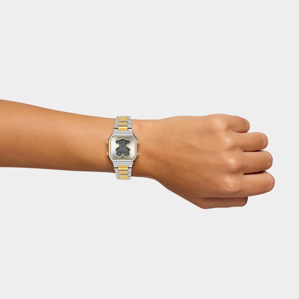 Wyposażony w bransoletę ze stali nierdzewnej i elementami ze złotej stali Zegarek cyfrowy TOUS D-BEAR MINI