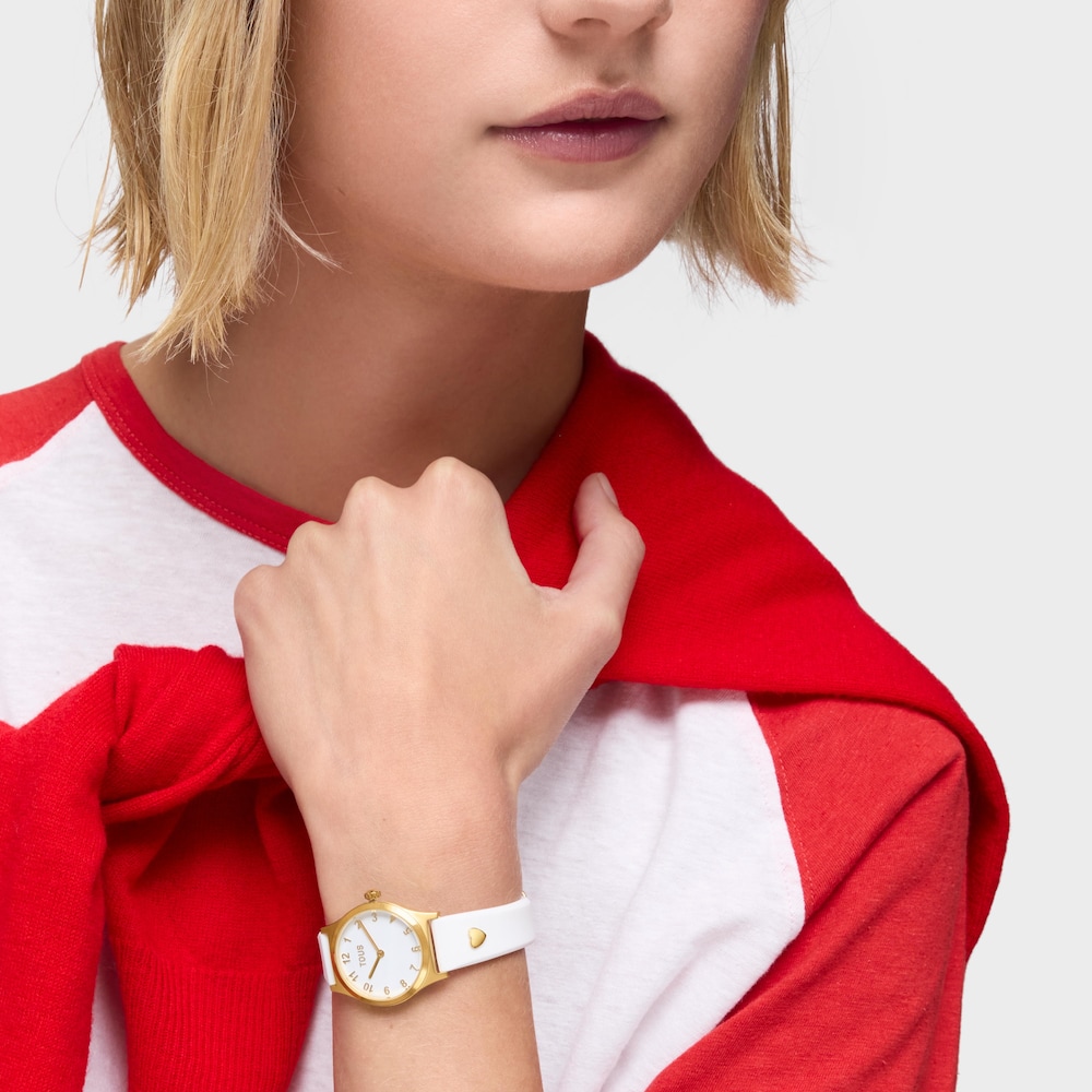 Anal&oacute;gov&eacute; Hodinky s&nbsp;bielym remienkom a&nbsp;oceľou zlatej farby TOUS EPIC ICON KDT CHARMS