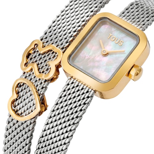 Reloj anal&oacute;gico con brazalete de acero con motivo, acero dorado y esfera de n&aacute;car ICON TIME EMBRACED