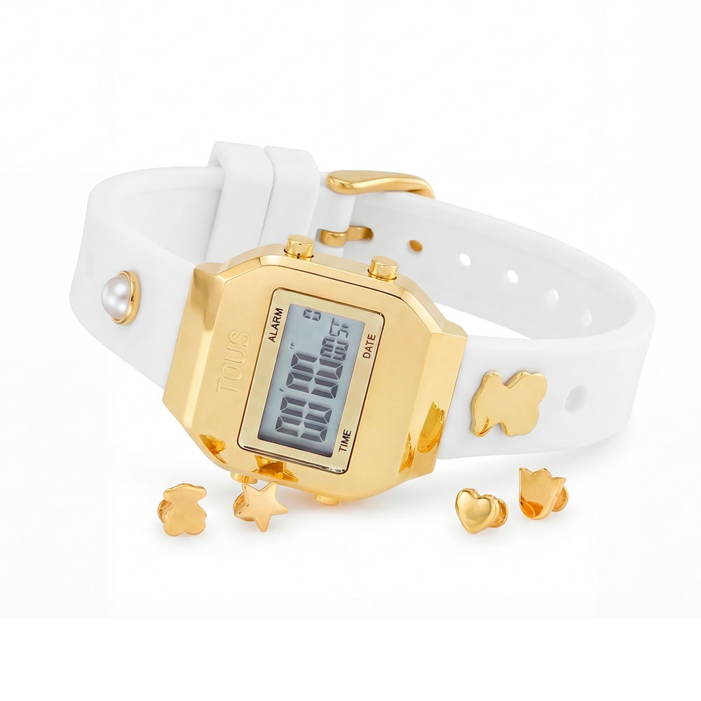 Digit&aacute;lne Hodinky s&nbsp;bielym remienkom, oceľou zlatej farby a&nbsp;drahokamami TOUS XPRESURSLF.