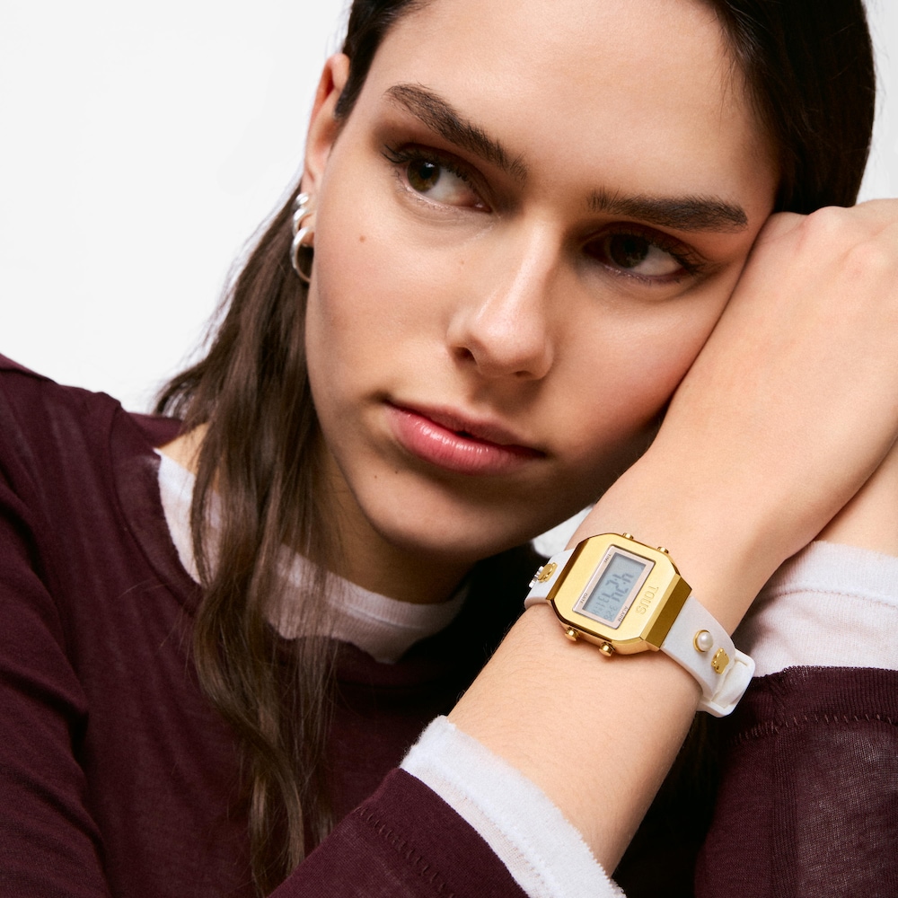 Zegarek cyfrowy z białym paskiem, złotą stalą i kamieniami szlachetnymi TOUS XPRESURSLF.