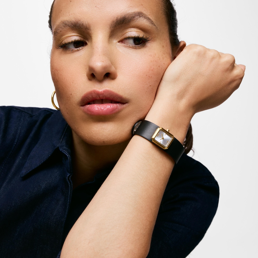 Analoguhr aus goldfarbenem Stahl mit Armband aus schwarzem Leder TOUS KARAT EMERALD MINI