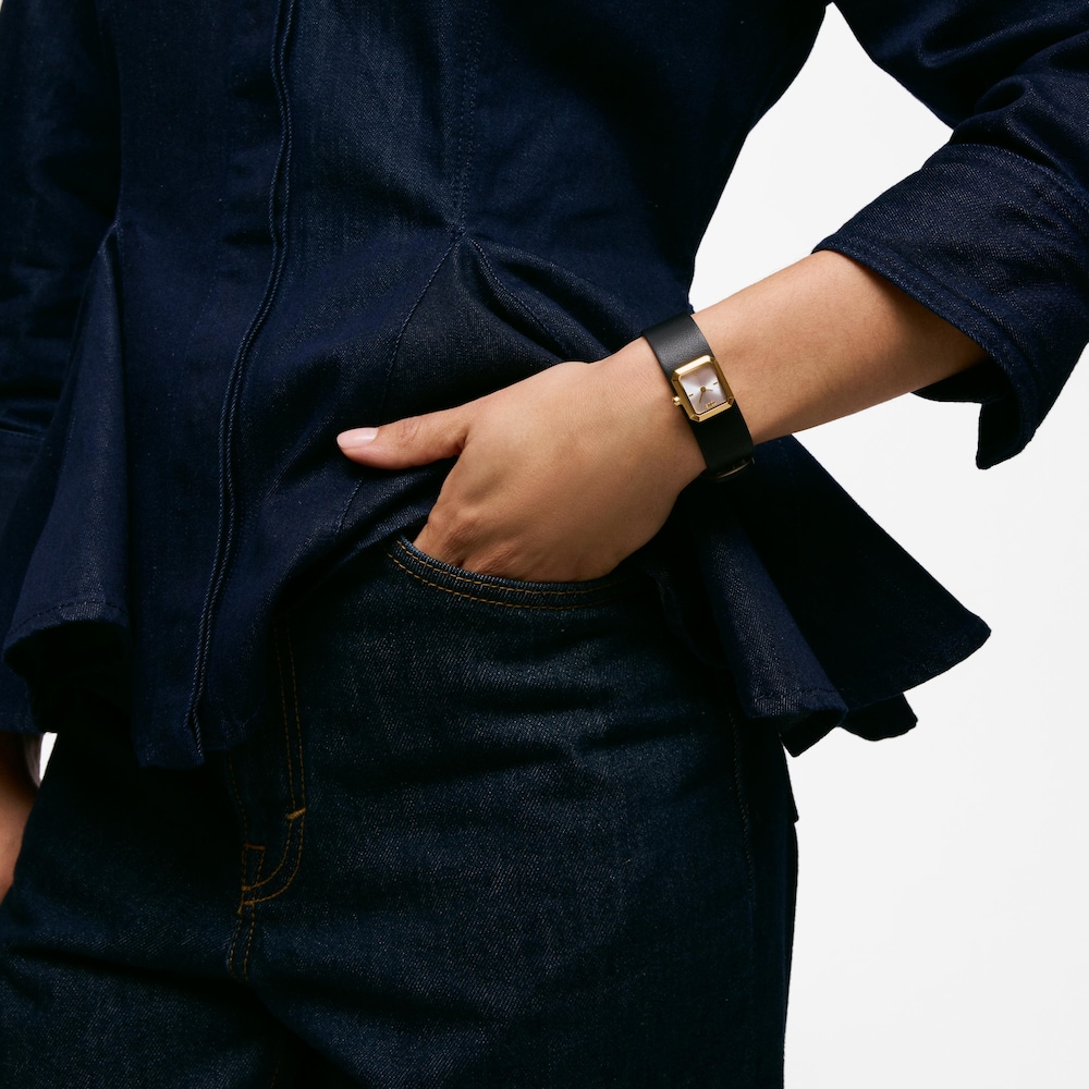 Analoguhr aus goldfarbenem Stahl mit Armband aus schwarzem Leder TOUS KARAT EMERALD MINI