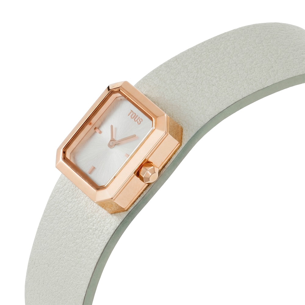 Wyposażony w szarą bransoletę ze sk&oacute;ry Zegarek analogowy z r&oacute;żowej stali TOUS KARAT EMERALD MINI