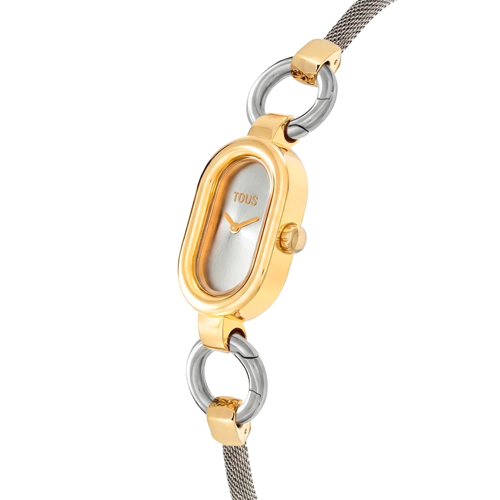 Fermall/rellotge anal&ograve;gic d&rsquo;acer i acer de color daurat TOUS HOLD OVAL
