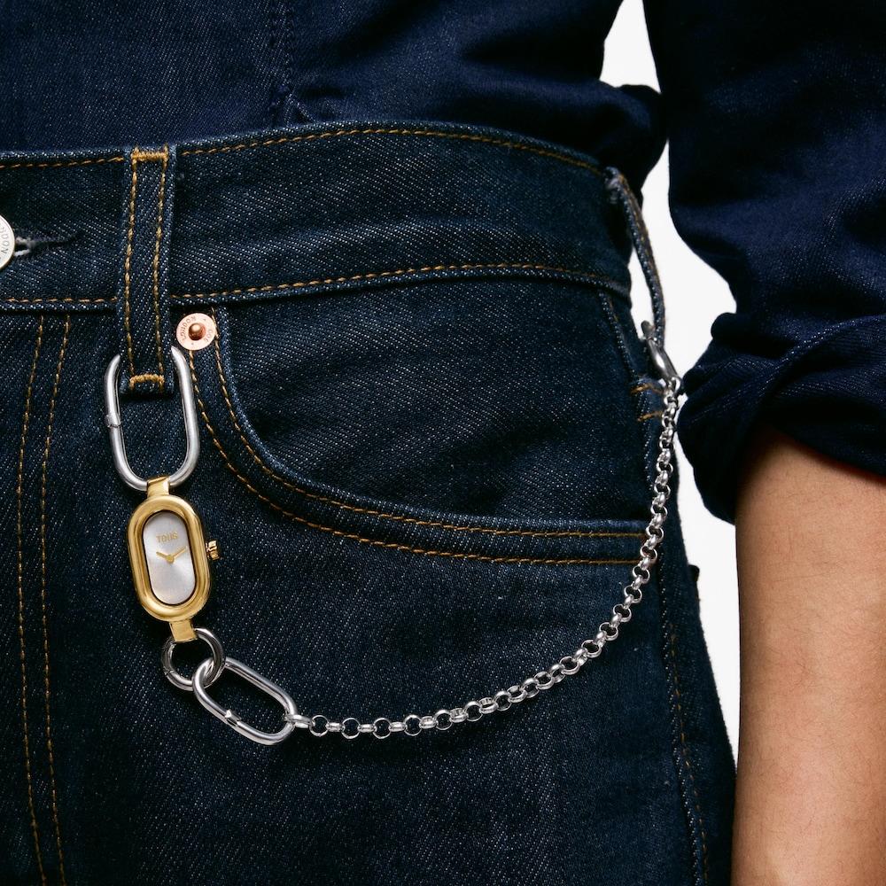 Fermall/rellotge anal&ograve;gic d&rsquo;acer i acer de color daurat TOUS HOLD OVAL