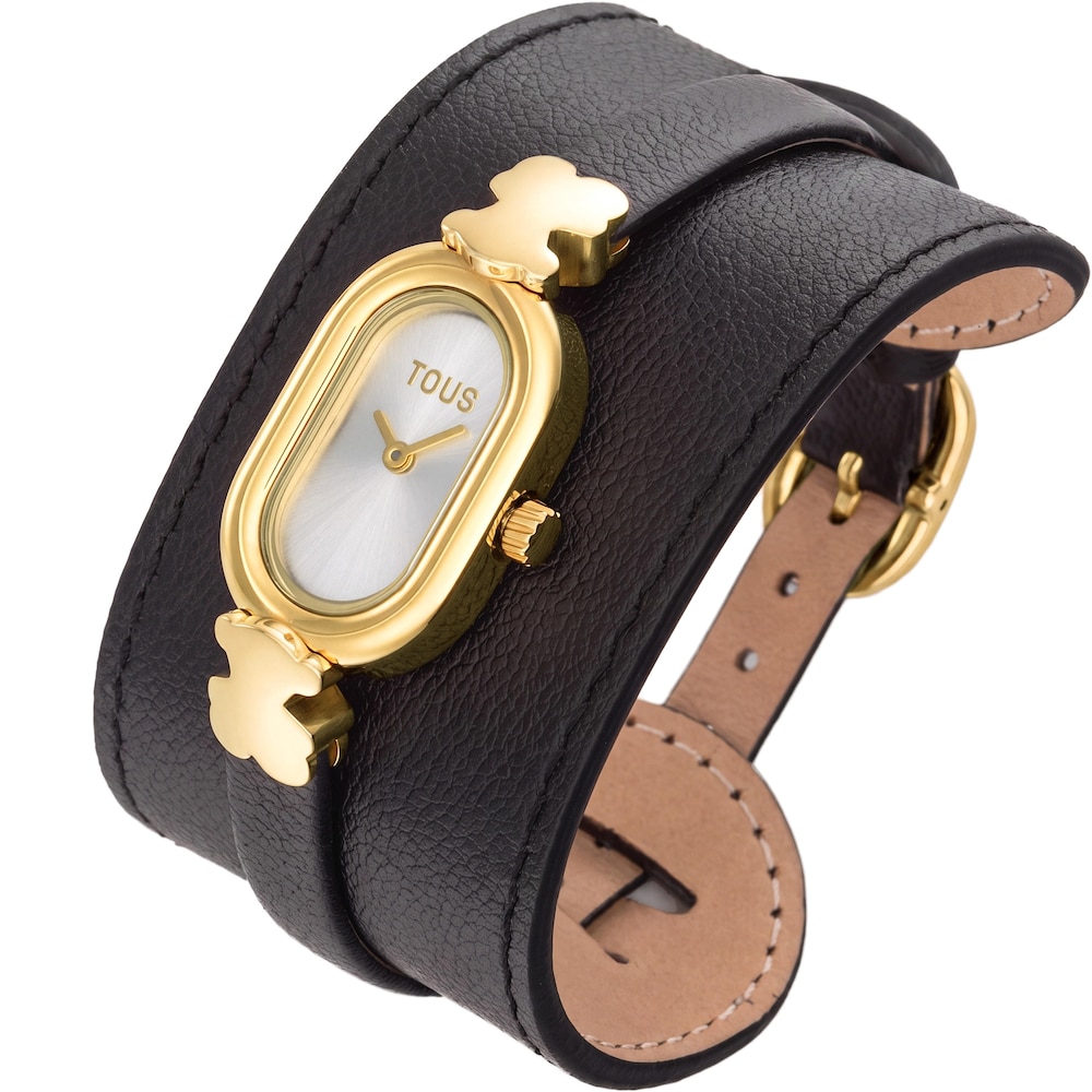 Analoguhr aus Stahl und schwarzem Leder TOUS Oval Time