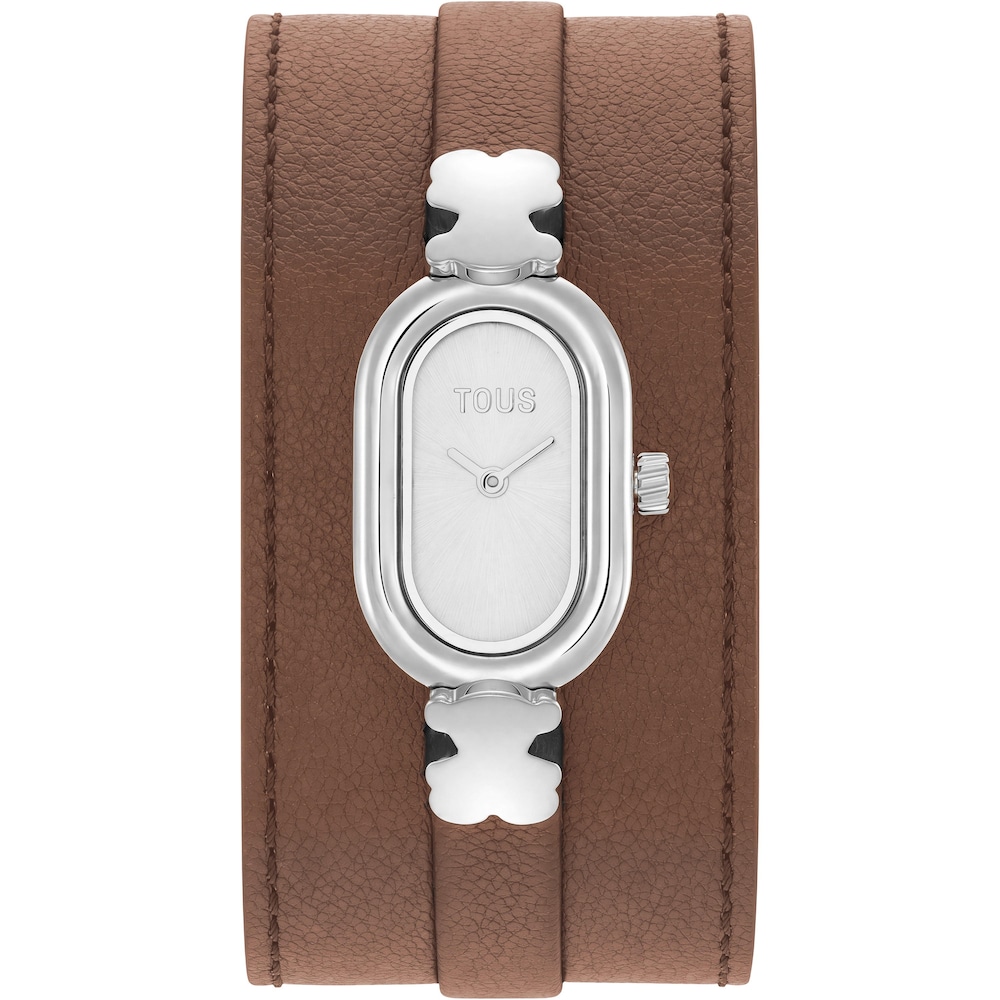 Analoguhr aus Stahl und braunem Leder TOUS Oval Time